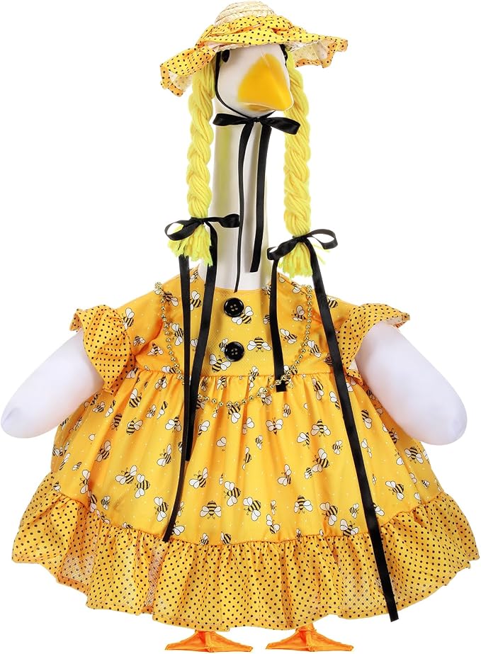 Spring Summer Yellow Bee Porch Goose Outfit for 23'' Goose Clothes Yellow Skirt with Hat for Spring Summer Outdoor Garden Yard Patio Lawn Decor(Bee)