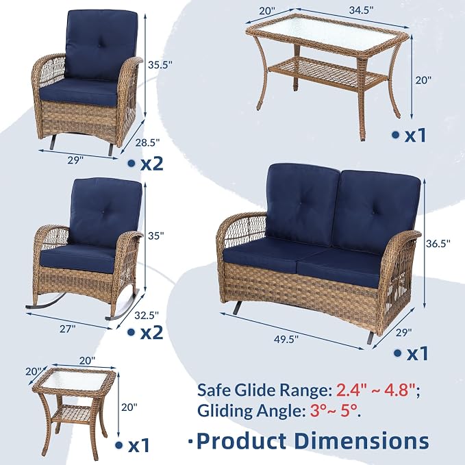 7-Piece Wicker Patio Furniture Sets Outdoor All-Weather Rattan Conversation Set Includes Glider Loveseat, 2 Glass-Top Coffee Tables, 2 Glider-Rocker Chairs for Porch Backyard, Navy Blue