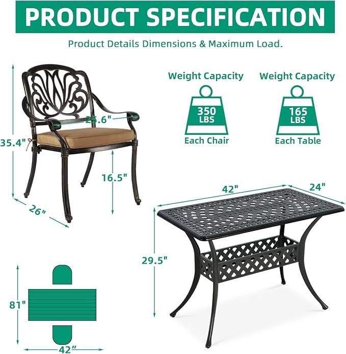 VIVIJASON 3 Piece Cast Aluminum Patio Bistro Set, Outdoor Dining Set with 42" x 24" Rectangular Table and 2 Cushioned Chairs, Rust Proof & Weather Resistant for Small Balcony, Porch, Garden, Deck