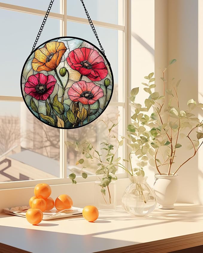 Stained Glass Window Hanging, Red Orange Poppy Birth Flowers Sun Catcher for Door Garden Yard Decor Wildflowers Suncatcher Christmas Mother Birthday Gifts for Women Men Mom Nana 15 in