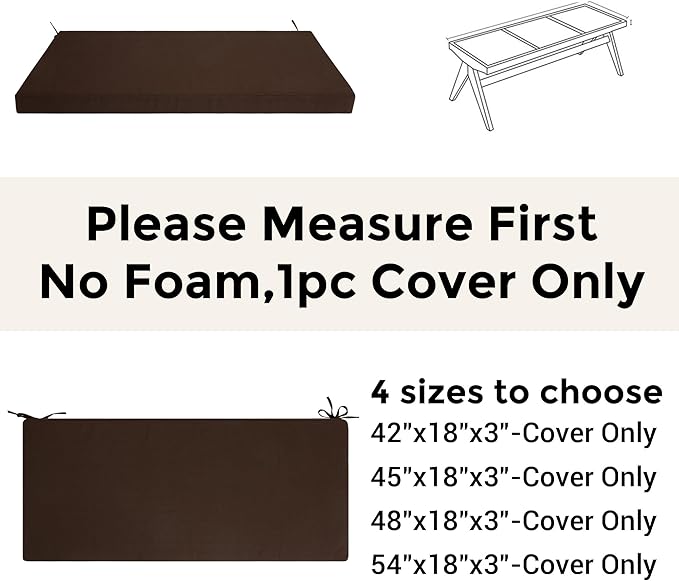 FUNHOME Outdoor Bench Cushion Cover 54 x18 x 3 inch,Water Resistant Cover with Zipper&Ties,Fade-Resistant Slipcover,Patio Porch Swing Cushion Cover Replacement Only,No Insert(Chocolate Brown)