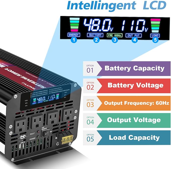 LVYUAN 5000 Watt Power Inverter 48V to 110V 120V for Vehicle, Solar Inverter System, Heavy Duty, RV, Truck, Off Grid,Camping with 4 AC Outlets, LCD Display, Wireless Remote Control, Car Power Inverter
