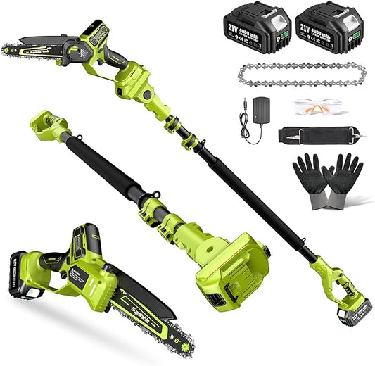 Electric Pole Saws for Tree Trimming, 8 Inch & 6 Inch Mini Chainsaw Cordless with Extension Pole, 16Ft Reach, 2x4.0Ah Battery, Auto Oiling, Tool-Free Chain Tensioning, Tree Trimmer for Branch Limb Cut