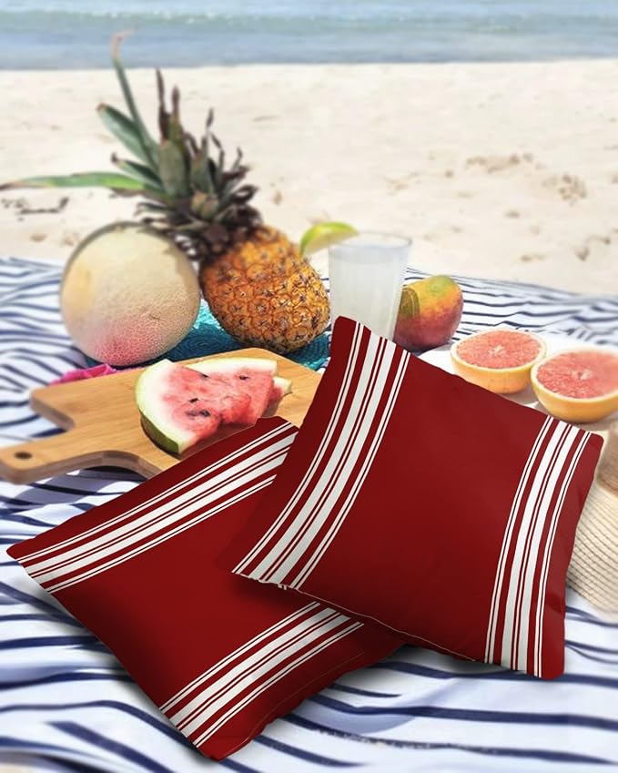 Vandarllin Outdoor Throw Pillows Covers 16X16 Set of 2 Waterproof Burgundy Red Stripe Decorative Zippered Lumbar Cushion Covers for Patio Furniture, French Stripe Farmhouse Style