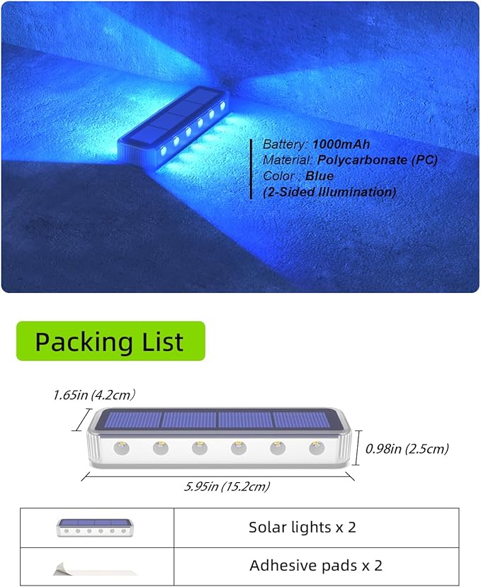 DetarZinLED Blue Solar Lights for Outside 2 Pack, 12 LEDs 2-Sided Illumination Solar Dock Lights Outdoor IP68 Waterproof, Auto On/Off Solar Deck Lights for Steps,Stairs,Driveway,Pathway,Sidewalk,Porch