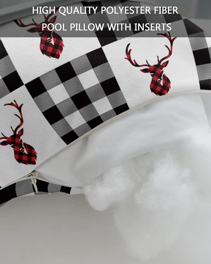 Outdoor Pillows Covers with Inserts Merry Christmas Winter Elk Black and White Plaid Waterproof Pillow with Adjustable Strap Throw Pillows for Patio Furniture Recliner Lounge Chair, 11x16 inch, 1PCS