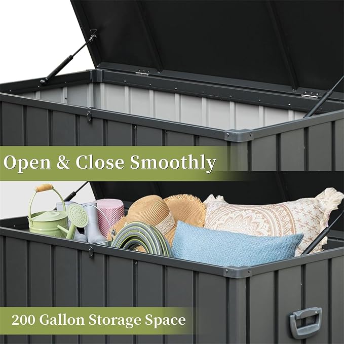 200 Gallon Galvanized Steel Deck Box, Outdoor Storage Box Waterproof with Wheels, Lockable Storage Container for Patio Furniture Cushions Garden Tools, Dark Gray
