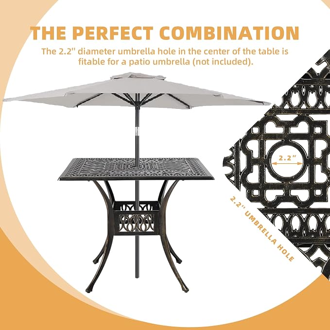 5 Piece Patio Dining Set, Outdoor Table and Chairs Set for 4 Cushioned Swivel Rocking Chairs and 35.4'' Square Table, All-Weather Cast Aluminum Patio Funiture Set, 2.2'' Umbrella Hole