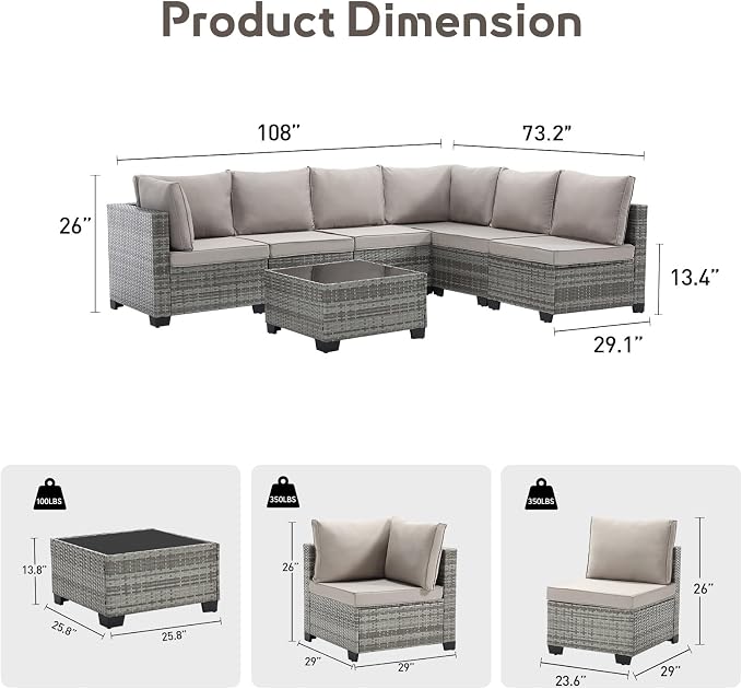 Bonzy Home 7 Pieces Outdoor Patio Furniture Set, PE Rattan Outdoor Sectional Furniture Sofa Set with Removable Cover and Glass Coffee Table, Patio Sofa for Balcony, Porch, Garden, (Grey-Grey)