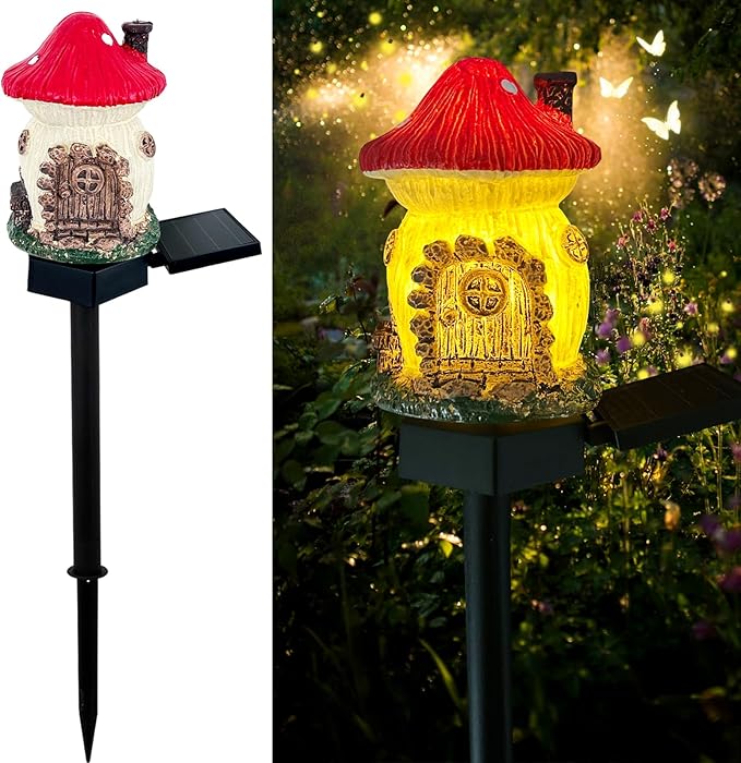 Mushroom Solar Lights Outdoor, Waterproof Fairy Houses Lights Mushroom Garden Decor Decorative Solar Powered Garden Stake Light for Outside Lawn Walkway Patio Yard (Red)