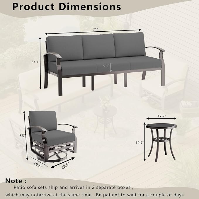Patio Furniture Set 3-Piece Aluminum Armrest Sofa, All-Weather Patio Conversation Set with Tempered Glass Top Table & Removable Sponge Cushions for Backyard Poolside - Grey