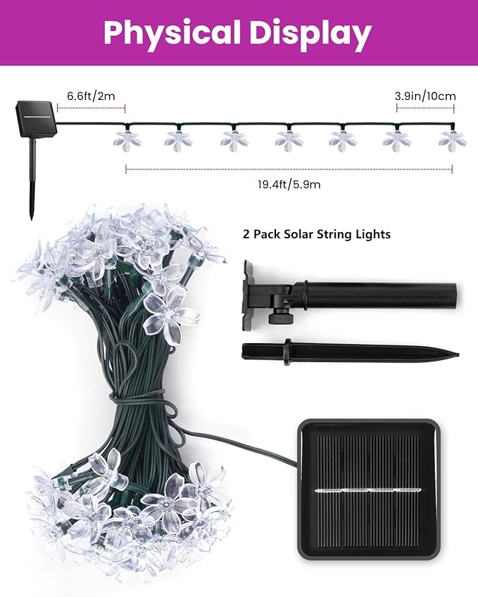 Brightown 2 Pack Total 52FT 120 LED Flower Solar String Lights Outdoor Waterproof Fairy Lights for Garden Yard Fence Patio Christmas Tree Wedding Party Decor, Pink