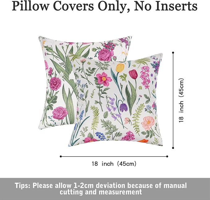 Pyonic Waterproof Outdoor Pillow Covers 18x18 Inch Set of 2 Pink Floral Plant Outdoor Pillows for Patio Furniture Porch Spring Summer Garden Decoration for Home, Meadow Flowers and Herbs