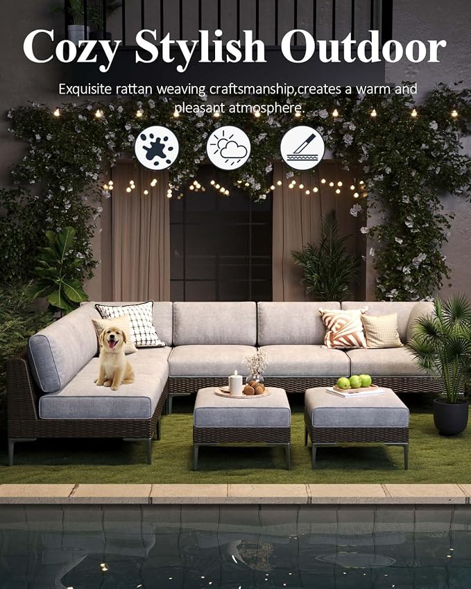 LayinSun 8-Piece Wicker Rattan Patio Furniture Set, Deep Seating Outdoor Modular Sectional Sofa Conversation Set with Thick Cushions for Lawn, Garden