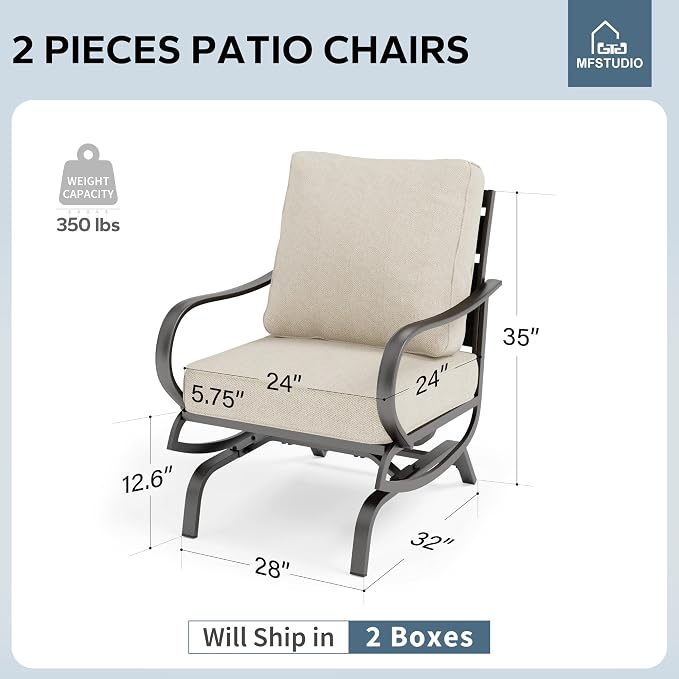 MFSTUDIO Metal Patio Conversation Sets, Outdoor Furniture Sofas Set of 2, 2 Pieces Durable Steel Frame Patio Rocking Chairs with 5.8" Beige Cushions for Patio Garden Backyard Balcony