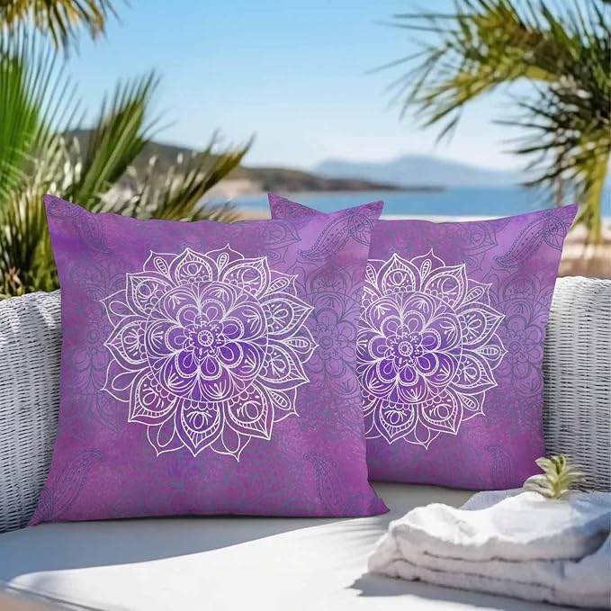 Vandarllin Outdoor Throw Pillows Covers 20x20 inch Set of 2 Waterproof Purple Boho Floral Decorative Zippered Cushion Covers for Patio Furniture, Bohemian Flower Lumbar Pillowcases
