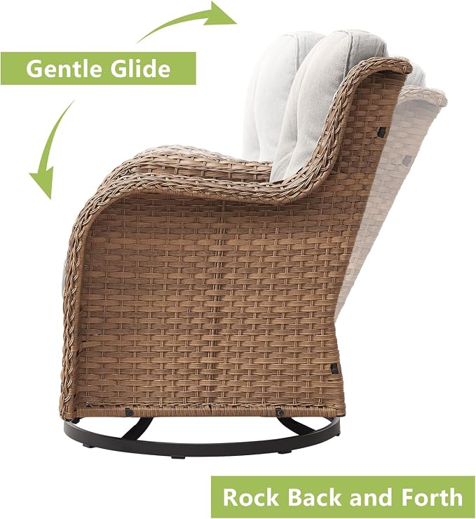 Outdoor Patio Swivel Rocker Chairs - Wicker Rattan Patio Swivel Rocking Chairs Set of 2 with High Back,Deep Seating and Comfort Cushions for Deck Porch Garden,Yellow/Beige