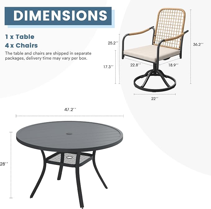 DIFY 5 Pieces Outdoor Dining Set for 4, 47.2" Round Dining Table with Umbrella Hole & Wicker Swivel Patio Chairs with Cushions, Metal Patio Table and Chairs Set for Backyard Porch Garden, Grey