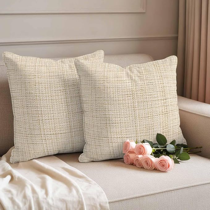 Outdoor Waterproof Throw Pillow Covers Set of 2 Beige Linen Texture Pillowcases 26x26 Inches Solid Color Decorative Pillows Cushion Case Patio Pillows for Couch Bed Chair Garden