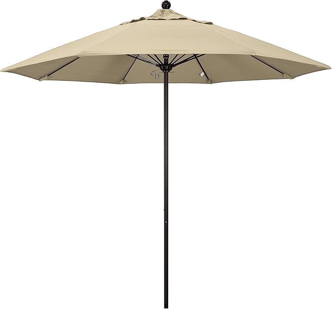 California Umbrella 9' Round Aluminum/Fiberglass Umbrella, Push Open, Bronze Pole, Sunbrella Antique Beige