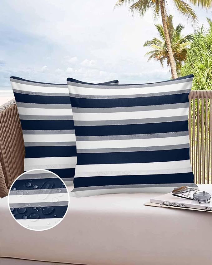 Pack of 2 Blue Grey White Stripes Outdoor Pillow Waterproof Covers 20x20 inch, Classic Geometric Polyester Throw Pillow Covers Garden Cushion Decorative Case for Patio Couch Decoration