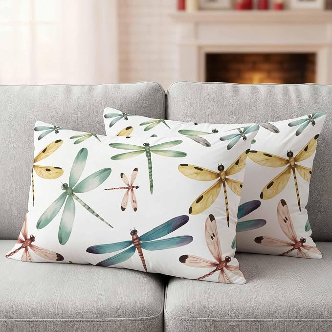 Dragonfly Outdoor Pillow Covers 20x12 Inch Lumbar Pillow Covers Set of 2 Waterproof Decorative Throw Pillow Cases Watercolor Colorful Nature Painting Art Cushion Covers for Patio Furniture Garden