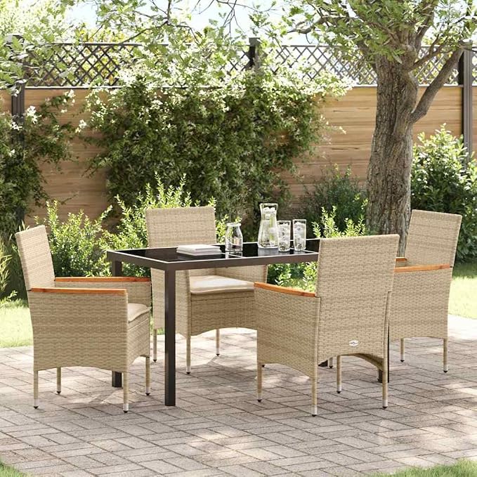 5 Piece Outdoor Dining Set, Beige Poly Rattan Patio Table and 4 Chairs, Garden Furniture Set with Washable Cushions and Tempered Glass Tabletop