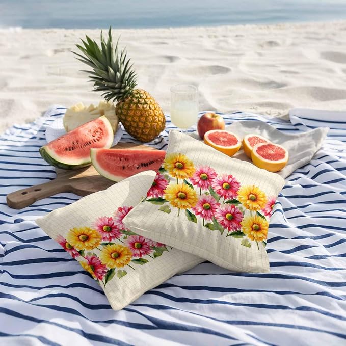 Yellow Pink Daisy Outdoor Pillow Covers 24"x24" Set of 2, Rustic Farmhouse Boho Yellow Plaid Waterproof Throw Pillow Covers for Patio Furniture, Decorative Cushion Covers for Porch