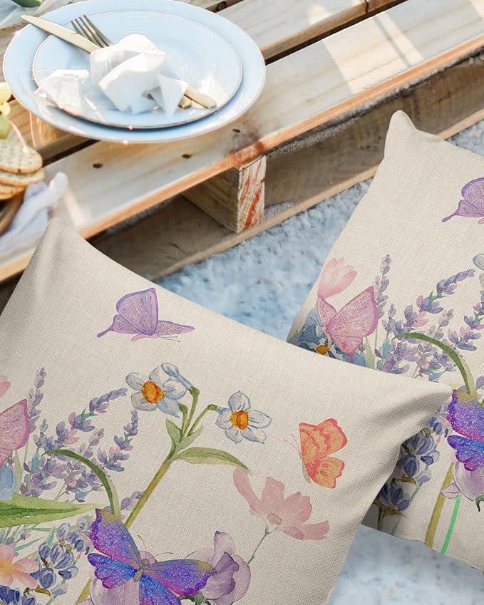 YOKOU Waterproof Throw Pillow Covers, Floral Print Butterfly Watercolor Flower Spring Summer Farm Decorative Pillowcase Soft Cushion Case for Patio Couch Tent Balcony, Set of 2 Square, 20"X20"