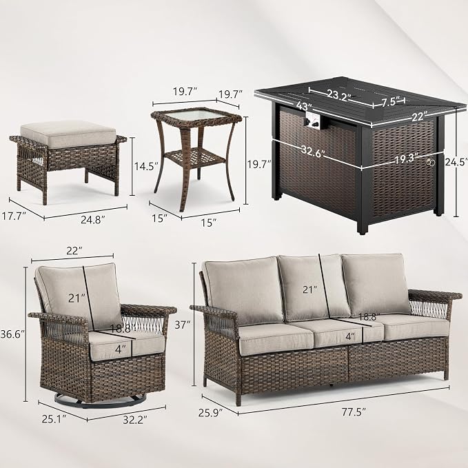 Patio Furniture Set with Fire Pit Table, 7PCS Patio Conversation Set Brown Resin Wicker Swivel Patio Chair Sofa Ottoman Set with Side Table and Fire Table PE Rattan Furniture Set