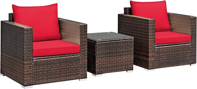 COSTWAY 3-Piece Patio Furniture Set, Outdoor Wicker Rattan Sofa with Cushions and Coffee Table with Tempered Glass, Modern Conversation Chair Set for Poolside Backyard Balcony Lawn (Red)
