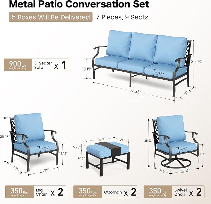 SUNSHINE VALLEY 7 Piece Metal Outdoor Patio Furniture Set, Patio Conversation Sets 1 3-seater Sofa, 2 Fixed Chairs, 2 Swivel Chairs, 2 Ottomans with 5.75" Thick Cushion, Black Backyard Furniture, Blue