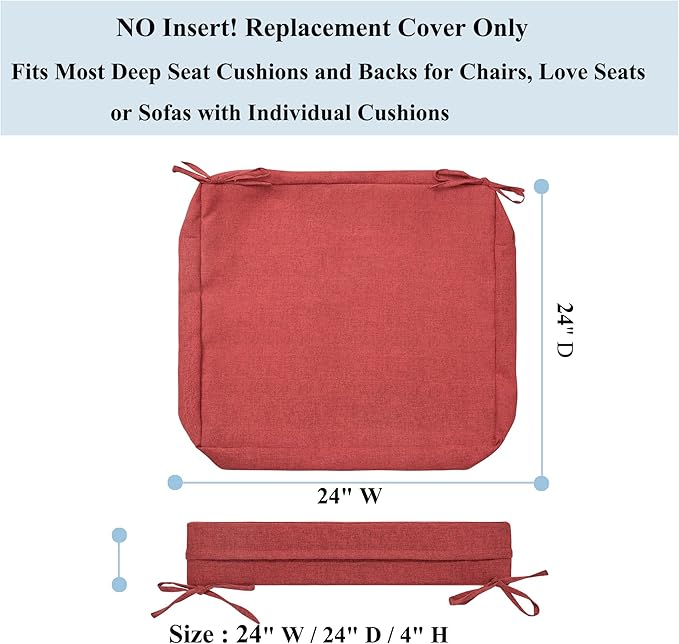 FUNHOME 2 Pack Outdoor Cushion Slipcovers 24" x 24" x 4", No Insert! Water-Resistant Patio Chair Seat Cushion Covers with Zipper and Tie, Replacement Cover Only(Sangria Red)