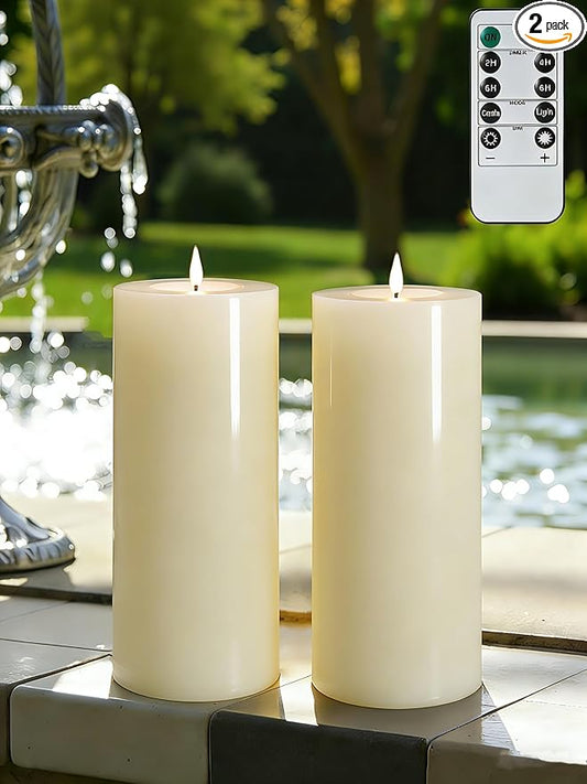 Gmnee 4"x8" Outdoor Waterproof Flameless Candles with Remote and Timers, LED Candles, Battery Operated Candles, Electric Fake Pillar Candles for Patio Porch, and Lanterns Decor (Ivory, Plastic)