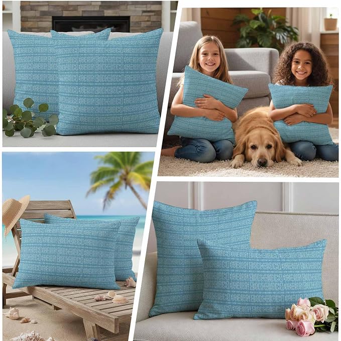 Outdoor Waterproof Throw Pillow Covers Set of 2 Teal Stripes Grain Lumbar Pillowcases 20x12 Inches Solid Color Decorative Pillows Cushion Case Patio Pillows for Couch Bed Chair Garden