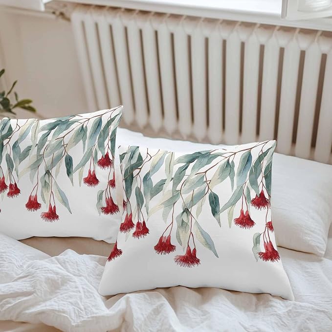 Red Floral Leaves Waterproof Outdoor Pillow Covers Set of 2 Home Decor, Pastoral Rustic Botanical Flowers Pillowcase Patio Pillow Covers for Couch Bench Furniture Garden 26x26in