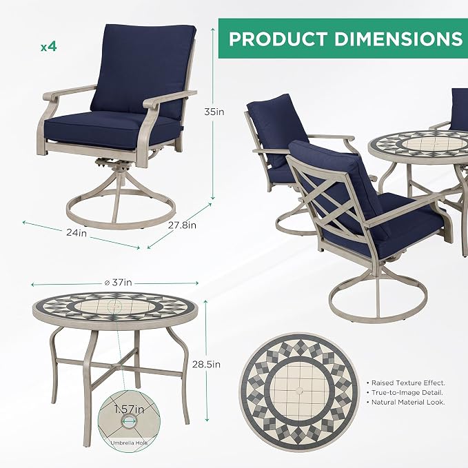 5-Piece Patio Dining Set, 4 Swivel Chairs with Removable Thickened Cushions & a 3D Textured Table with Umbrella Hole, All-Weather Furniture for Backyard, Garden, Lawn, Blue
