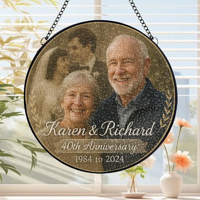 Personalized Wedding Anniversary Before After Photo Stained Glass Window Hanging Suncatcher - Heartfelt Gift for Parents, Grandparents, Old Couple - Custom Wedding