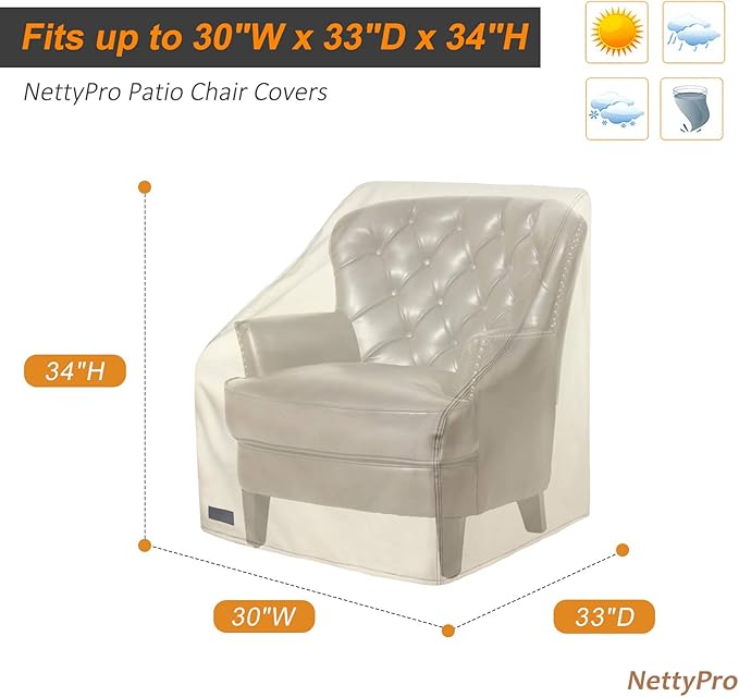 NettyPro Patio Chair Covers for Outdoor Furniture 2 Pack, Waterproof Heavy Duty Lawn Patio Furniture Cover Deep Seat Dining Chair Covers, 30W x 33D x 34H inches, Beige