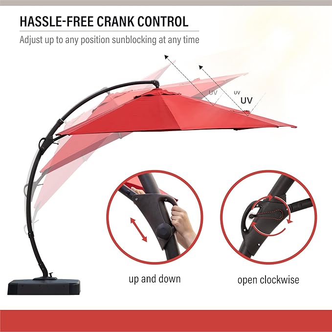 EO Living Outdoor Patio Umbrella with Base included, 11 FT Deluxe Curvy Cantilever Umbrella Heavy Duty Offset Hanging Umbrella with 360° Rotation for Pool, Garden, Backyard, Deck (Red)