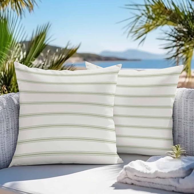 Vandarllin Outdoor Throw Pillows Covers 18x18 inch Set of 2 Waterproof Sage Green Stripes Decorative Zippered Cushion Covers for Patio Furniture, Abstract Lines Striped Lumbar Pillowcases