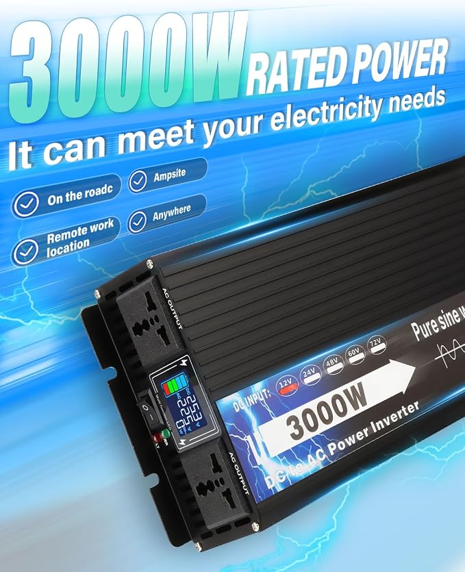 NIHAO 3000W Power Inverters DC 12V to 110V AC Converter with LCD Display, 2 International Socket and Battery Clips for Home, RV, Outdoor, Camping, Boat, Black