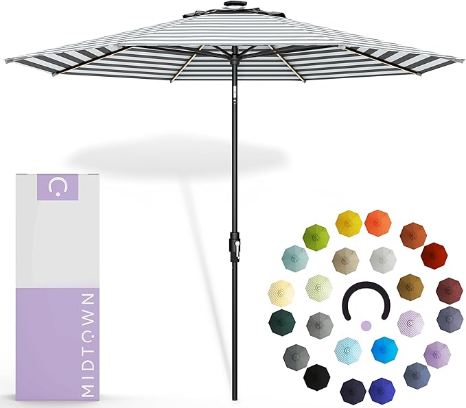 Midtown Umbrellas The LED Swilt 10 Feet Patio Umbrella With Terylast Matter Stripes (Grey/White) Polyester Fabric - Auto-Tilt Aluminum Frame w/LED Lights For Backyard, Deck, Garden, Pool - Black Pole