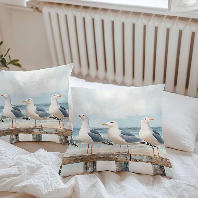 Coastal Seagull Waterproof Outdoor Pillow Covers Set of 2 Home Decor, Summer Beach Ocean Bird Watercolor Pillowcase Patio Pillow Covers for Couch Bench Furniture Garden 18x18in