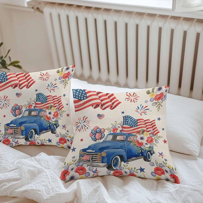 Independence Day Outdoor Throw Pillow Cover Farm Truck USA Flag Poppy Waterproof Cushion Covers 2 Pack Retro Patriotic Fireworks Pillow Cases Home Decoration for Patio Garden Couch Sofa 18x18In