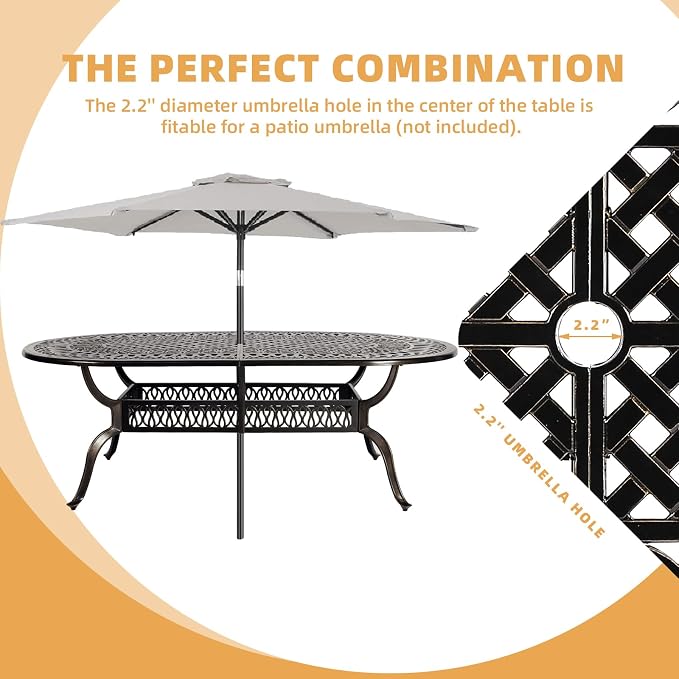 9-Piece Patio Dining Set, Outdoor Patio Table and Chair Set of 84” Oval Cast Aluminum Dining Table with Umbrella Hole and 8 Outdoor Dining Cushion Chairs, Patio Funiture Set for Garden, Blue