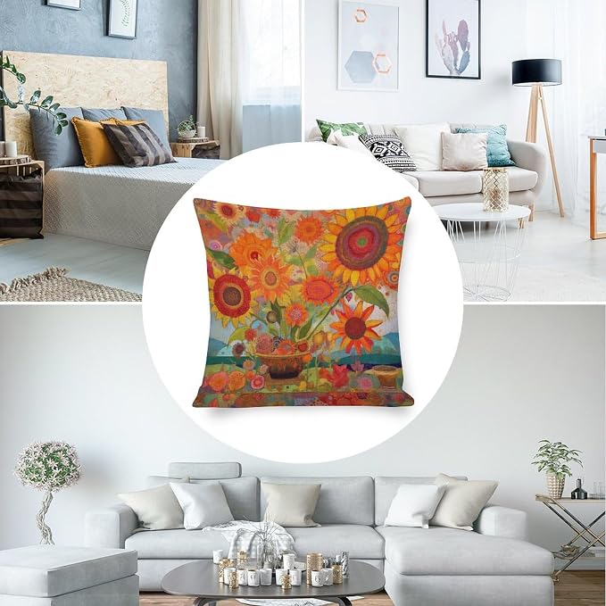 Throw Pillow Cover Retro Yellow Flower Pillow Case Colorful Painting of Sunflowers Decorative Throw Pillow Covers Modern Decorative Pillow Covers for Couch Sofa Bedroom Car 18"x18"