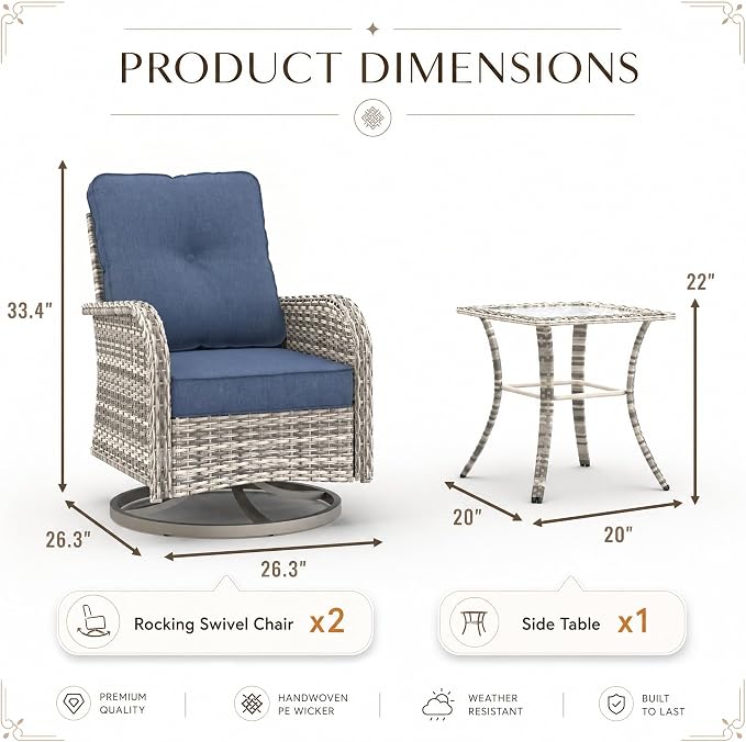 3-Piece Small Patio Furniture Set, Outdoor Swivel Rocking Chairs Set with Wicker Chairs and Tempered Glass Side Table, Outdoor Furniture Patio Bistro Set for Balcony, Deck, Porch