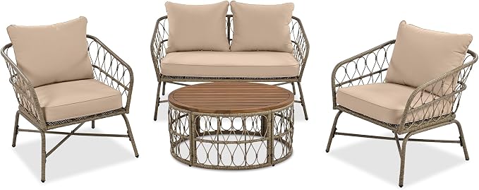 LUMISOL 4 Piece Patio Furniture Set, Outdoor Seating Group with Removable Cushions and a Coffee Table with Wooden Table Top, All Weather Patio Conversation Set for 4 Persons, Beige