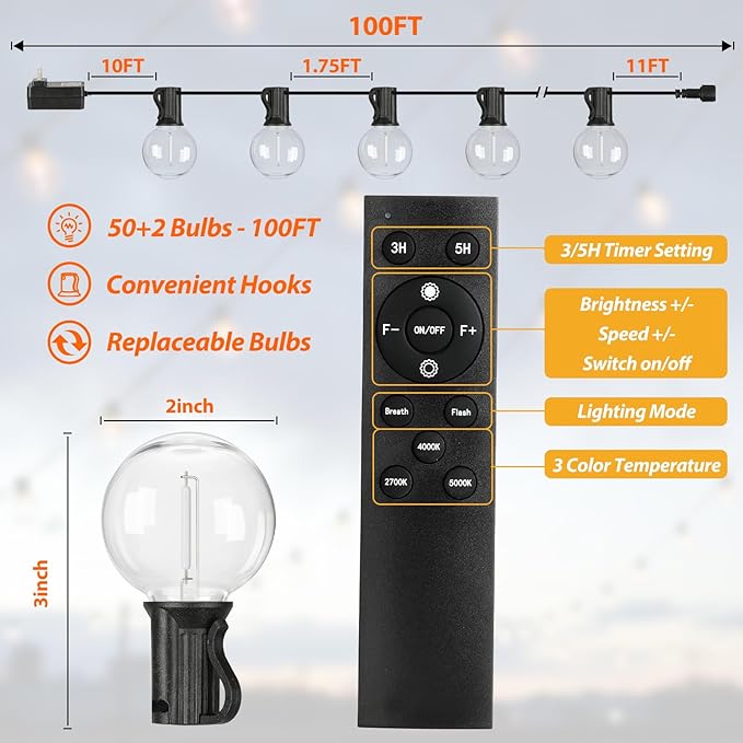 100FT 3 Color in 1 LED String Lights Outdoor Waterproof with Remote | Dimmable String Lights for Outside, G40 Globe Patio Lights with 50+2 Shatterproof Bulbs for Party Backyard BBQ House Camping